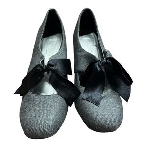 Sz 10 M Ok! Tweed Satin Bow Mary Jane Heels | Black/Gray 3”
